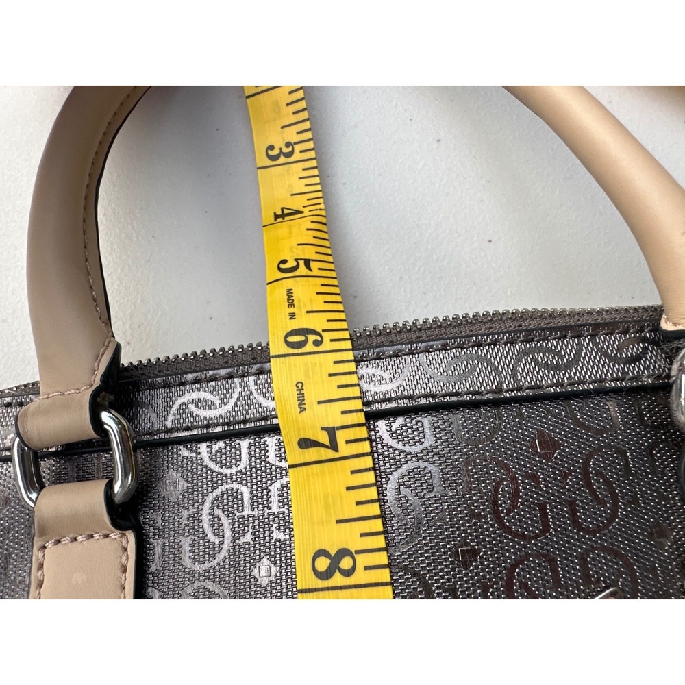 Guess Satchel Handbag Metallic Pewter Logo Embossed Tan Handles Leopard Lining - Picture 9 of 12